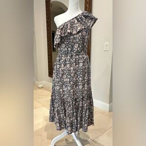 La Vie Rebecca Taylor Floral Print One Shoulder Ruffle Cotton Midi dress medium